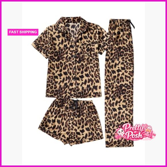 3 Piece Leopard Print Pajama Set Button Down Short Sleeve with Shorts and Pants - Picture 6 of 7